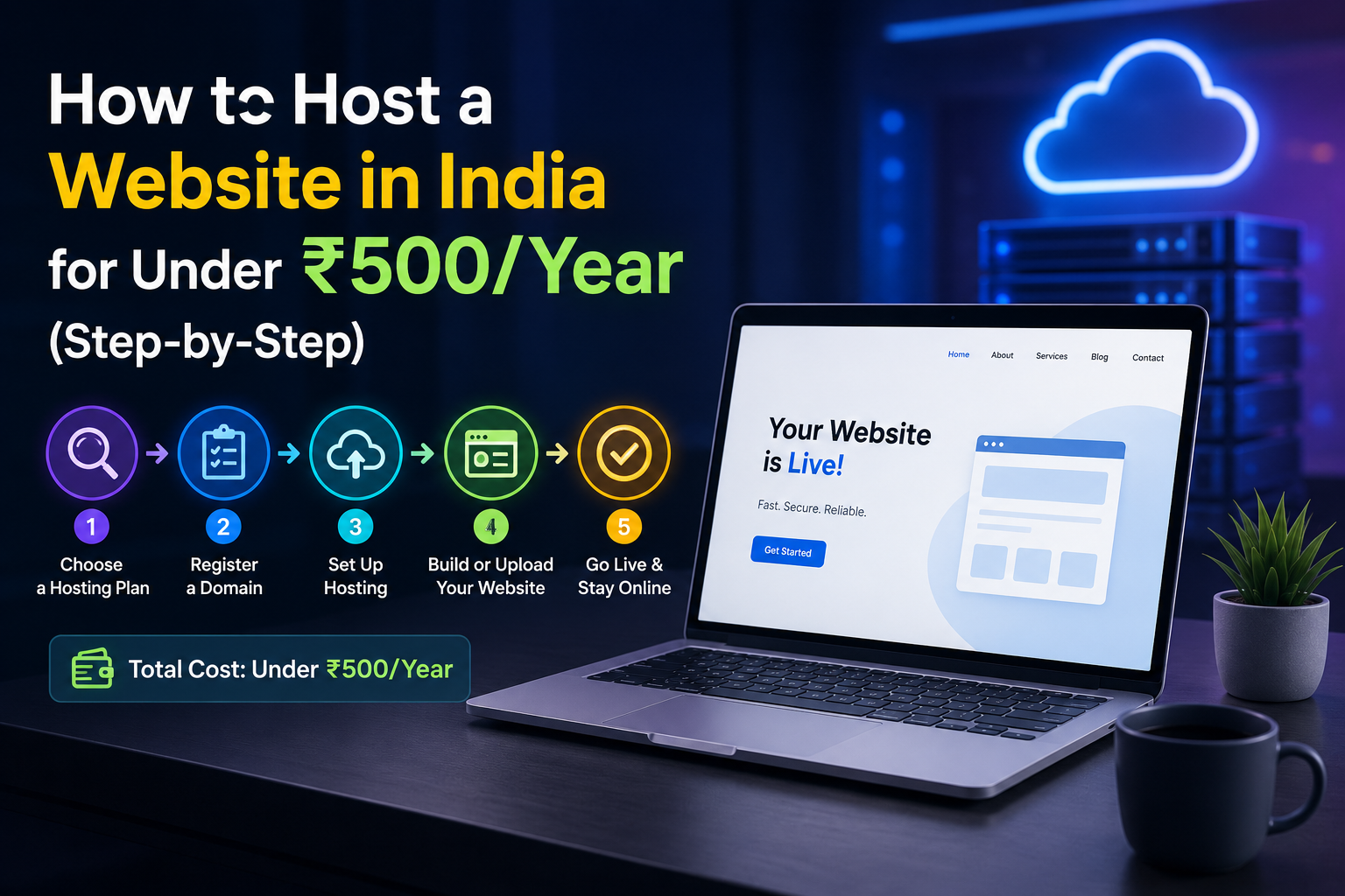 Step by step guide to host a website in India for under ₹500 per year showing domain and hosting setup